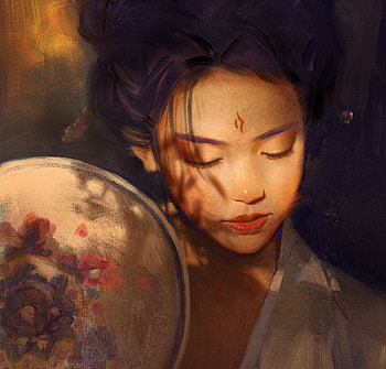 Beauty, asian, art, fantasy, face, evantai, girl, rainbowstone, frumusete, dark, hand fan HD wallpaper