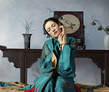 Girl, blue, kimono, rootworkshop, room, asian, fantasy, luminos HD wallpaper