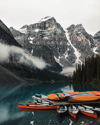 Nature, Mountains, Boats, Lake, Pier, Canoe HD phone wallpaper