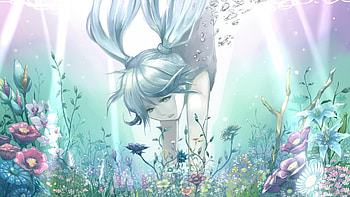Anime Girls Aqua Hair Bangs Bare Shoulders Blue Bubbles Dress Flowers Gray Green Eyes Ornaments Hatsune Miku Long Nature Plants Twintails Underwater ... HD wallpaper