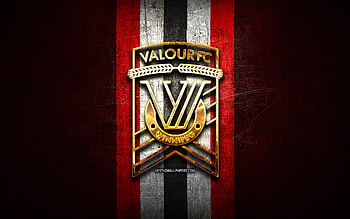 Valour FC, golden logo, Canadian Premier League, red metal background, football, canadian football club, Valour FC logo, soccer, FC Valour HD wallpaper