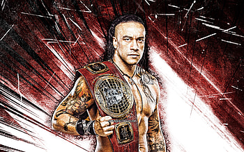 Damian Priest, grunge art, american wrestler, WWE, red abstract rays, Luis Martinez, wrestling, Damian Priest with belt, creative, wrestlers, Damian Priest HD wallpaper