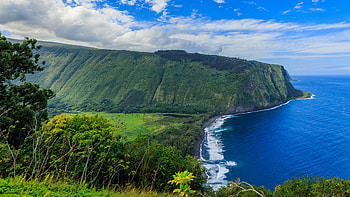 Nice Beautiful Greenery Mountain Slope Land Trees Ocean Waves Under White Clouds Blue Sky Nature HD wallpaper