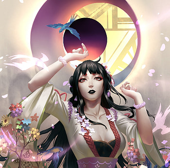 Fantasy girl, art, fantasy, moon, eclipse, flower, koyamamichiru, girl HD wallpaper
