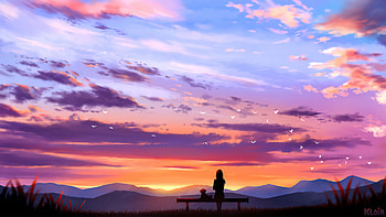 Sitting With Dog On Bench Looking At Sunset, anime-girl, anime, artist, artwork, digital-art, deviantart HD wallpaper