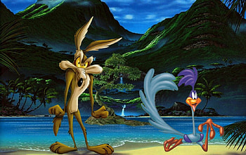 cartoon madness, mountains, water, roadrunner, coyote HD wallpaper