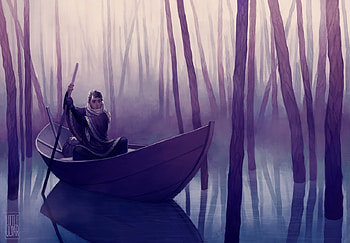 What aboat that, purple, boat, fantasy, man, luminos, littleulvar, water HD wallpaper