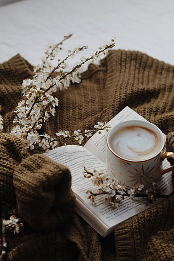Warm coffee and an open book on a knitted sweater, adorned with delicate blossoms. HD phone wallpaper