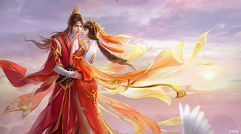 Fantasy couple, man, girl, xiaoxiongjiang1016, wind, fantasy, yellow, red, couple, luminos HD wallpaper