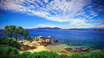 beach, sky, grass, sea, beautiful scenery HD wallpaper