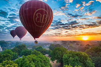 bagan myanmar burma pagan myanmar burma balloons sky sunset panorama HD wallpaper