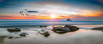 Beautiful sunset on a Jersey beach with rocks, birds, and vibrant sky reflected in the sea. HD wallpaper
