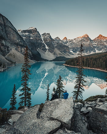 View of Moraine Lake with mountains and pine trees in Banff National Park, Canada. HD phone wallpaper