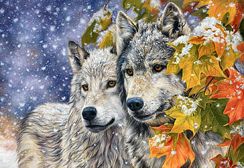 Autumn Snow F1, animal, art, lobo, wolf, artwork, wide screen, wildlife, painting, canine HD wallpaper