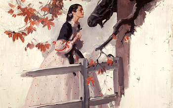 A lady and her horse, animal, white, horse, black, art, girl, orange, dress, beauty, woman, lady, painting, autumn, leaf, draw HD wallpaper