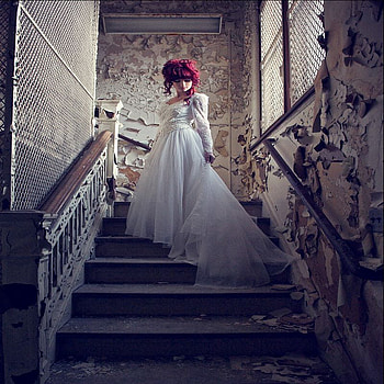 REDHEAD UPSTAIRS, white, house, head, dress, stairs, sheer, broken, red, hair HD wallpaper