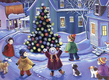 Christmas card, dog, girl, tree, holiday, boy, christmas, nature, child, village HD wallpaper