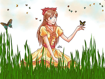 Girl and butterfly, girl, grass, abstract, butterfly HD wallpaper