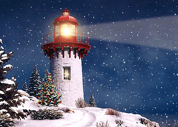 Snow Light, winter, night, artwork, lighthouse, painting, firs, trees, stars HD wallpaper