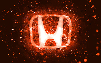 Honda orange logo, , orange neon lights, creative, orange abstract background, Honda logo, cars brands, Honda HD wallpaper