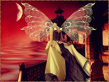 Fantasy girl, butterfly, moon, red, girl, woman HD wallpaper