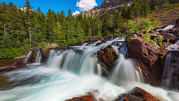 Red Rock Falls, Glacier NP, Montana, river, clouds, cascades, trees, landscape, sky, rocks, usa HD wallpaper