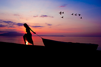 Women Towing Boat Beach Sunset Silhouette, silhouette, beach, boat, sunset, dusk, dawn, nature, sunrise HD wallpaper