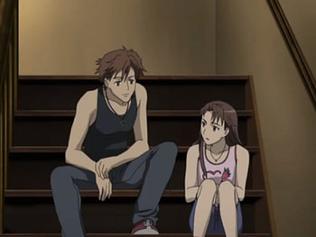 ♡ Couple ♡, long hair, beauty, nice, staircase, jahana, bloodplus, kai, male, female, sweet, mao jahana, talk, girl, beautiful, anime girl, talking, boy, anime, pretty, blood plus, mao, anime couple, brown hair, stair, lovely, guy HD wallpaper