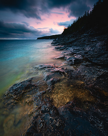 Nature, Trees, Sunset, Stones, Sky, Clouds, Coast, Bay, Georgia HD phone wallpaper