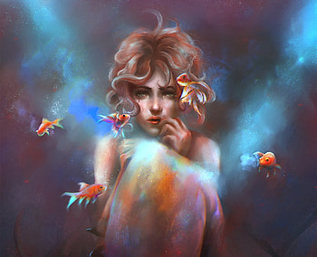 Mermaid, blue, sirena, art, girl, gabrielleragusi, orange, summer, fantasy, fish, luminos HD wallpaper