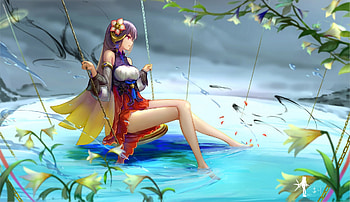 Girl, blue, swing, summer, anime, fantasy, flower, red, luminos, water, manga HD wallpaper