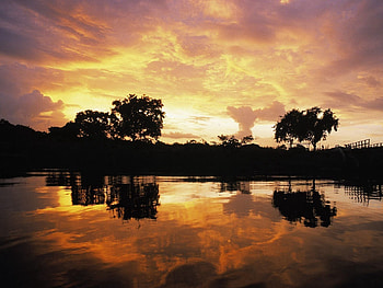 Nature, Trees, Sunset, Sky, Clouds, Patterns, Lake, Outlines, Evening HD wallpaper