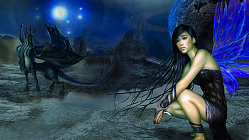 Winged girl and dragon, blue, art, girl, beautiful, angel, woman, digital, fantasy, pretty, dragon HD wallpaper