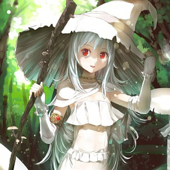 White Witch, silver hair, femal, red eyes, long hair, mushroom, dress, e hat, nice, witch, lady, cg, maiden, , sexy, sweet, white, scene, hot, girl, anime girl, anime, pretty, white hair, lovely HD wallpaper