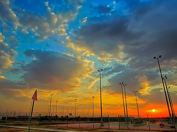 Morning Sky, sign, lights, clouds, sky, tennis court, sunrise HD wallpaper