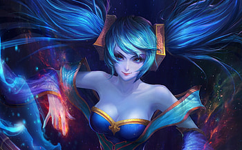 Sona, blue, art, girl, beauty, woman, fantasy, league of legends, game, luminos HD wallpaper