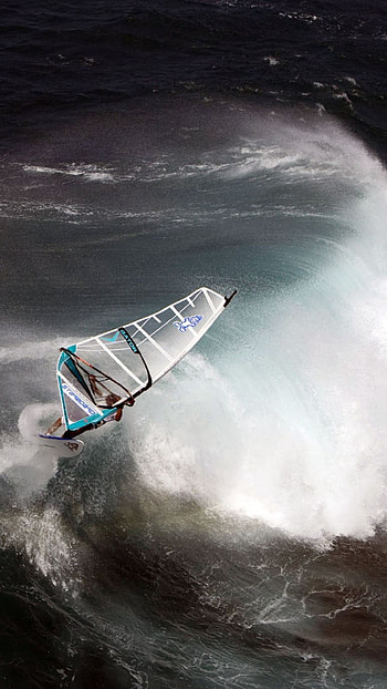 Big wave windsurfing, Thrilling challenges, Brave against the swell, Conquering giants HD phone wallpaper