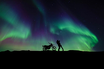 Couple, Aurora Borealis, motorcycle, hug HD wallpaper