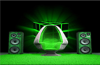 music, chair, speakers, green abstract, cubes HD wallpaper