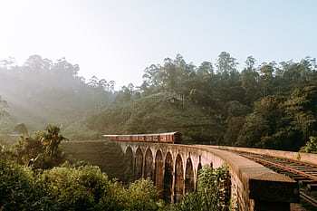 Scenic view of Nine Arches Bridge with train passing through lush greenery in Sri Lanka. HD wallpaper