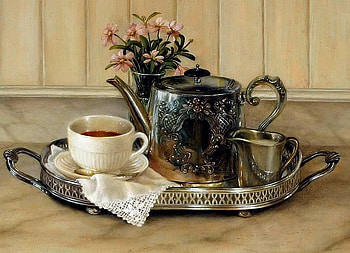 Silver Platter, table, teacup, silver tray, vase, still life, napkin, silver, flowers, teapot HD wallpaper