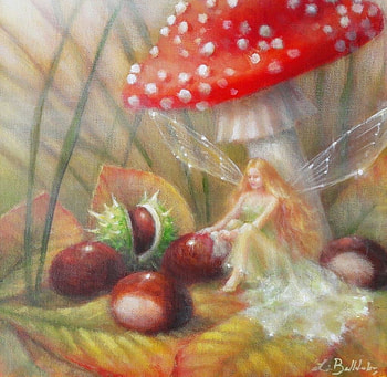 Autumn Glaze, lynne bellchamber, art, girl, mushroom, fairy, brown, painting, fantasy, red, autumn, luminos, castane HD wallpaper