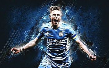 Kevin De Bruyne, Manchester City FC, Belgian footballer, attacking midfielder, portrait, blue stone background, football, grunge art HD wallpaper