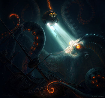 Kraken, art, monster, dark, summer, fantasy, light, underwater, caracatita, water, diane ozdamar, octopus, giant, vara, ocean HD wallpaper