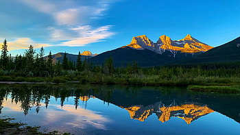 Three Sisters, Canmore during sunrise, reflection, clouds, trees, alberta, canada, lake HD wallpaper