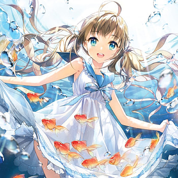 GoldFish, cute, long hair, dress, nice, underwater, happy, adorable, fish, water, female, sweet, smiling, blue eyes, smile, girl, kawaii, anime girl, anime, pretty, brown hair, gown, lovely HD wallpaper