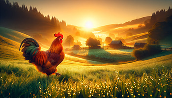 Majestic Rooster Sunrise - Chicken, chicken, rooster, sunrise, countryside, landscape HD wallpaper