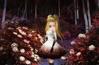 Dark Forest, cenic, blond hair, blonde, floral, eerie, long hair, dress, nice, lady, scenery, darkness, flower, maiden, sinister, , blonde hair, jungle, female, blossom, sweet, blond, scene, girl, dark, anime girl, anime, pretty, serious, lovely, forest HD wallpaper