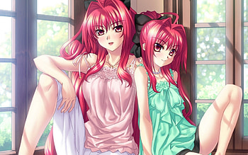 anime sisters, sisters, anime, hair, red HD wallpaper