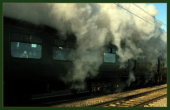 Behind Steam, rails, train, window, steam HD wallpaper